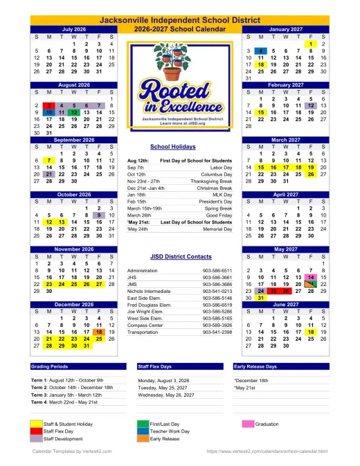 Jacksonville ISD 2026–2027 Academic Calendar Page 1