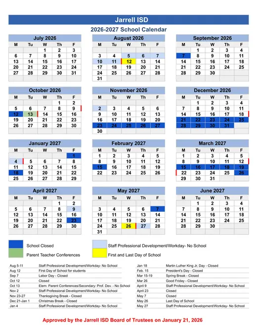 Jarrell Independent School District 2026–2027 Academic Calendar