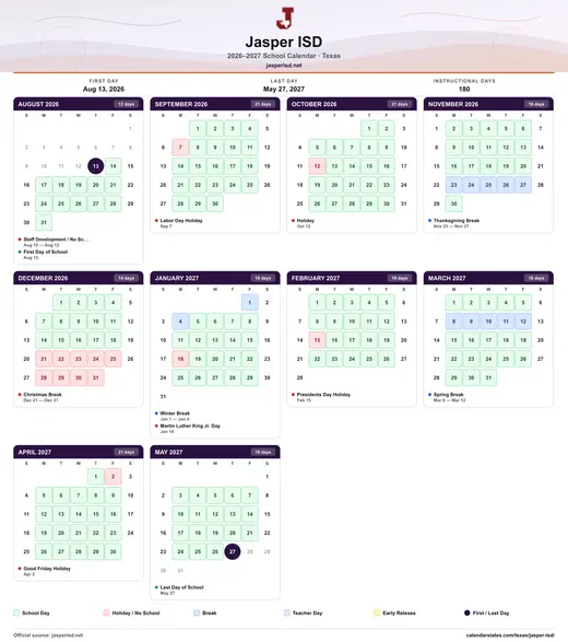 Jasper ISD 2026–2027 printable school calendar — every month on one sheet