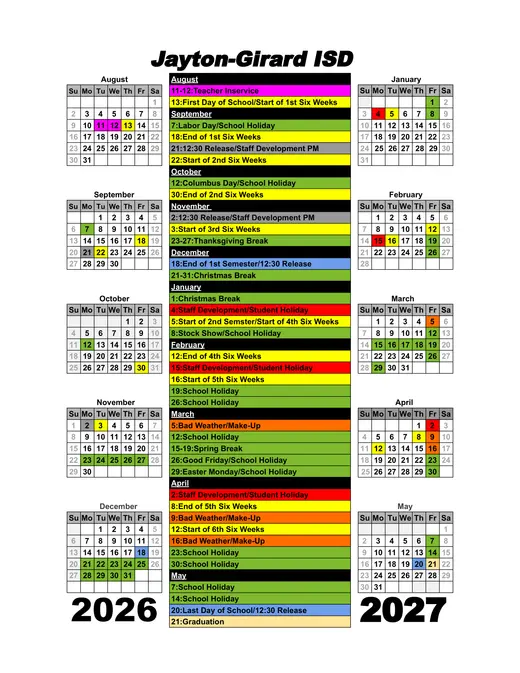 Jayton-Girard ISD 2026–2027 Academic Calendar Page 1