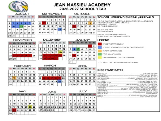 Jean Massieu Academy 2026–2027 Academic Calendar Page 1