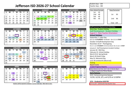 Jefferson ISD 2026–2027 Academic Calendar Page 1
