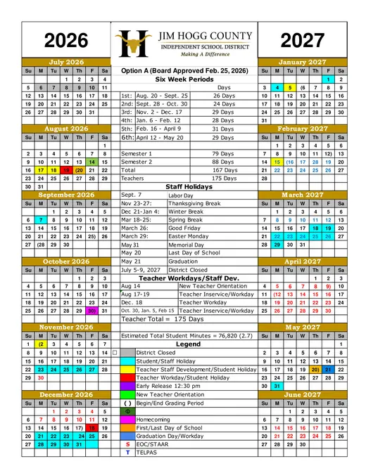 Jim Hogg County ISD 2026–2027 Academic Calendar Page 1