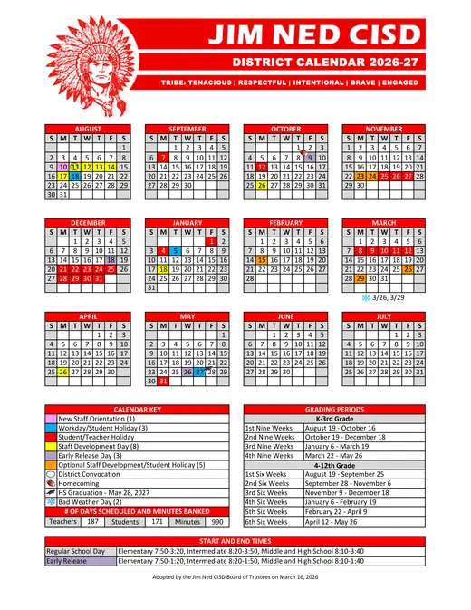 Jim Ned CISD 2026–2027 Academic Calendar