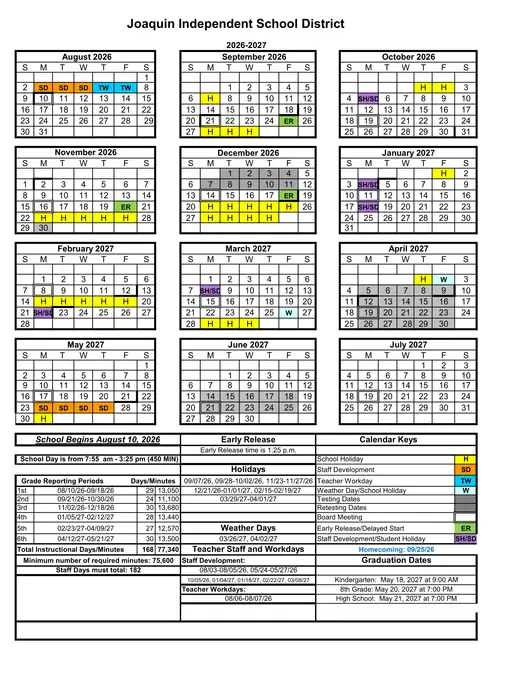 Joaquin ISD 2026–2027 Academic Calendar Page 1