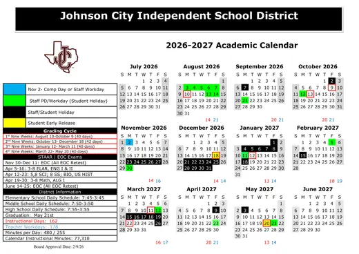 Johnson City ISD 2026–2027 Academic Calendar Page 1