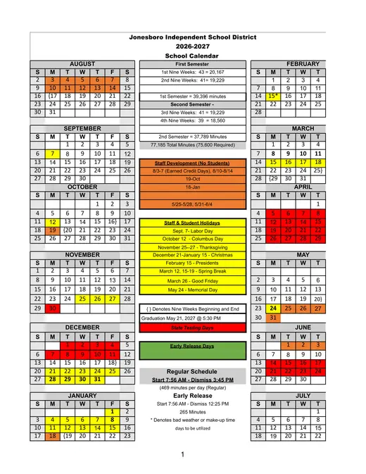 Jonesboro ISD 2026–2027 Academic Calendar Page 1
