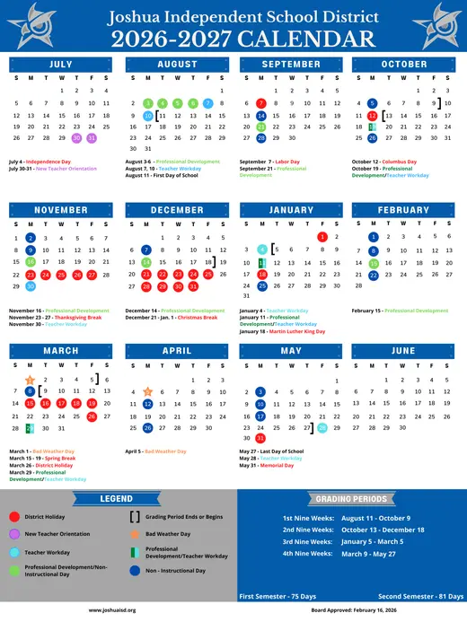 Joshua Independent School District 2026–2027 Academic Calendar