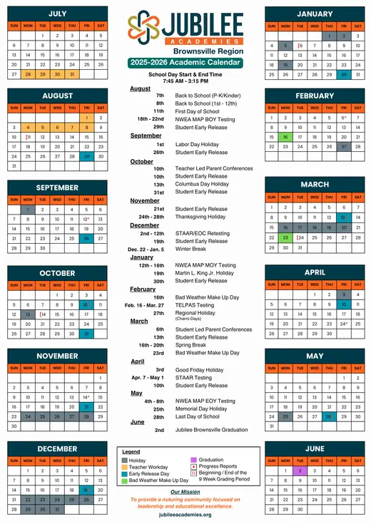 Jubilee Academies Brownsville Region 2025–2026 Academic Calendar Page 1