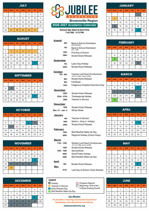 Jubilee Academies Brownsville Region 2025–2026 Academic Calendar Page 2