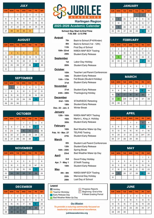 Jubilee Academies Harlingen Region 2025–2026 Academic Calendar Page 1
