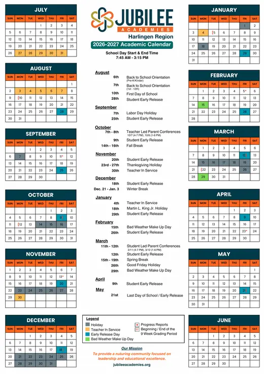 Jubilee Academies Harlingen Region 2025–2026 Academic Calendar Page 2