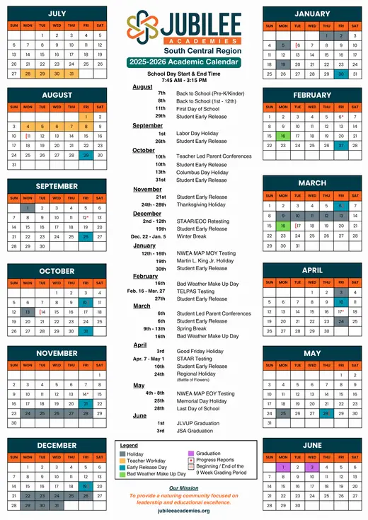 Jubilee Academies 2025–2026 Academic Calendar Page 1