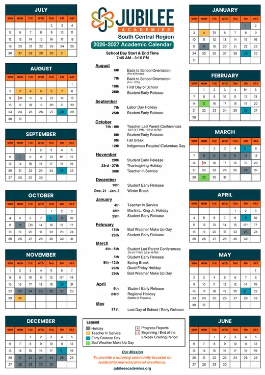 Jubilee Academies 2025–2026 Academic Calendar Page 2
