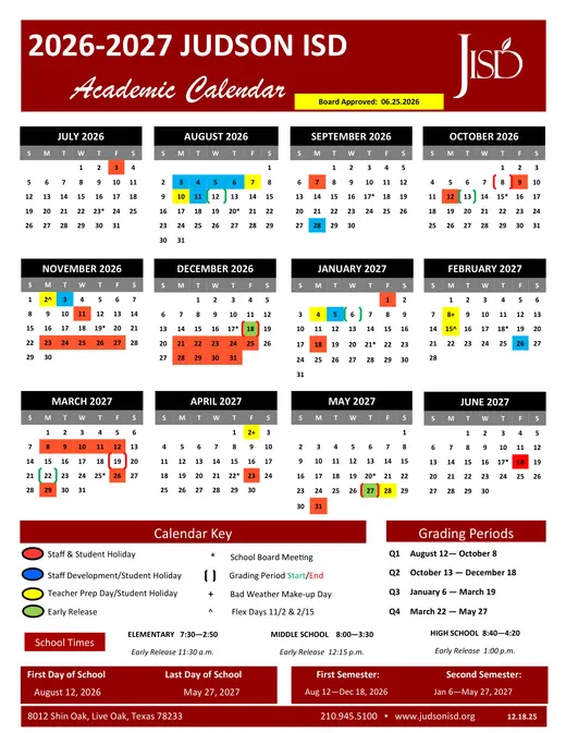 Judson ISD 2026–2027 Academic Calendar