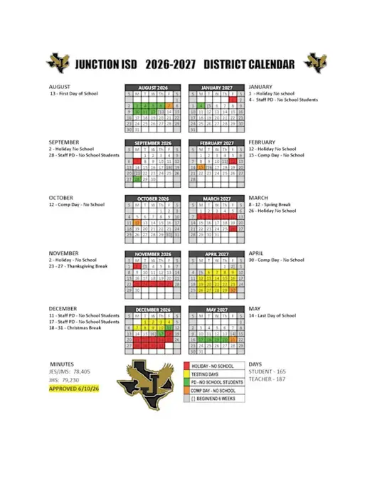 Junction ISD 2026–2027 Academic Calendar Page 1