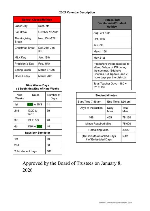 Karnack ISD 2026–2027 Academic Calendar Page 2