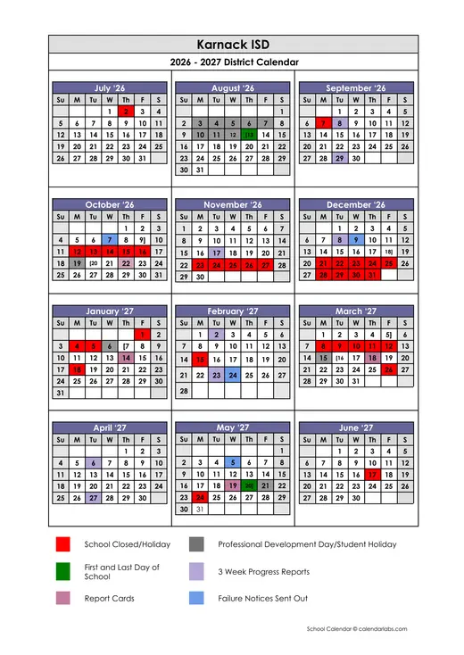Karnack ISD 2026–2027 Academic Calendar Page 1