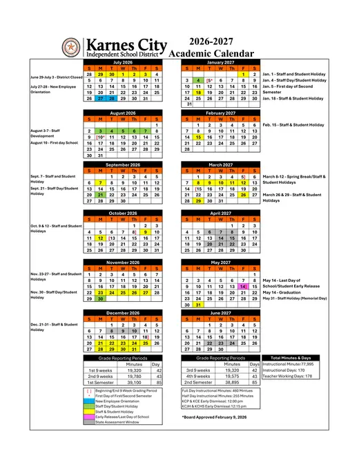 Karnes City ISD 2026–2027 Academic Calendar Page 1