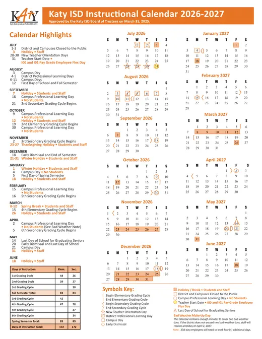 Katy Independent School District 2026–2027 Academic Calendar
