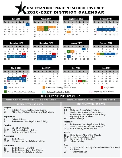 Kaufman ISD 2026–2027 Academic Calendar Page 1