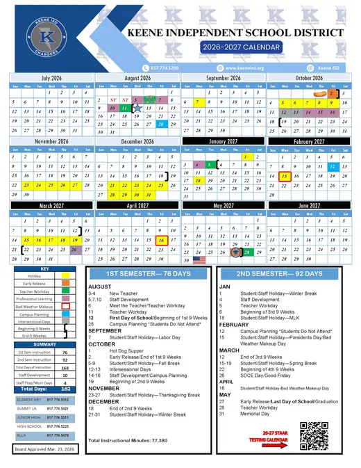 Keene ISD 2026–2027 Academic Calendar Page 1