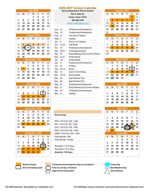 Kemp Independent School District 2026–2027 Academic Calendar