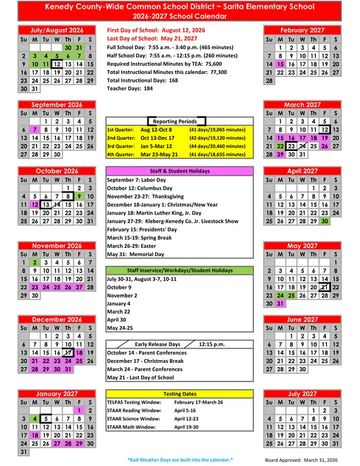 Kenedy County-Wide Common School District ~ Sarita Elementary School 2026–2027 Academic Calendar Page 1