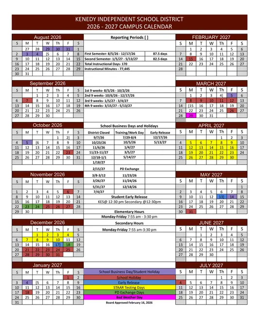 Kenedy ISD 2026–2027 Academic Calendar Page 1