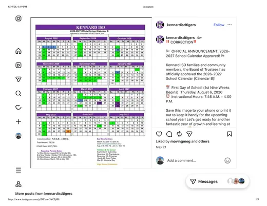 Kennard ISD 2026–2027 Academic Calendar Page 1