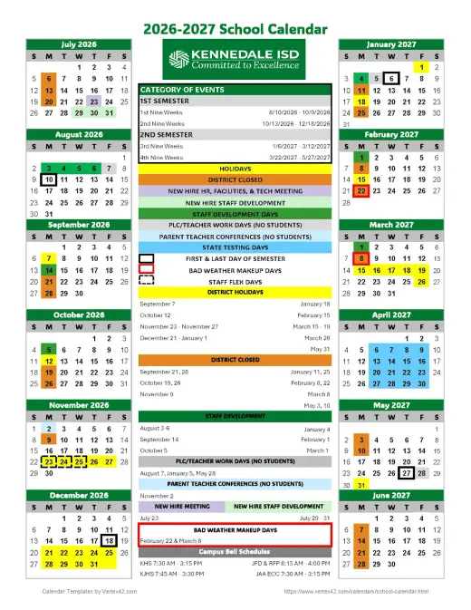 Kennedale ISD 2026–2027 Academic Calendar Page 1
