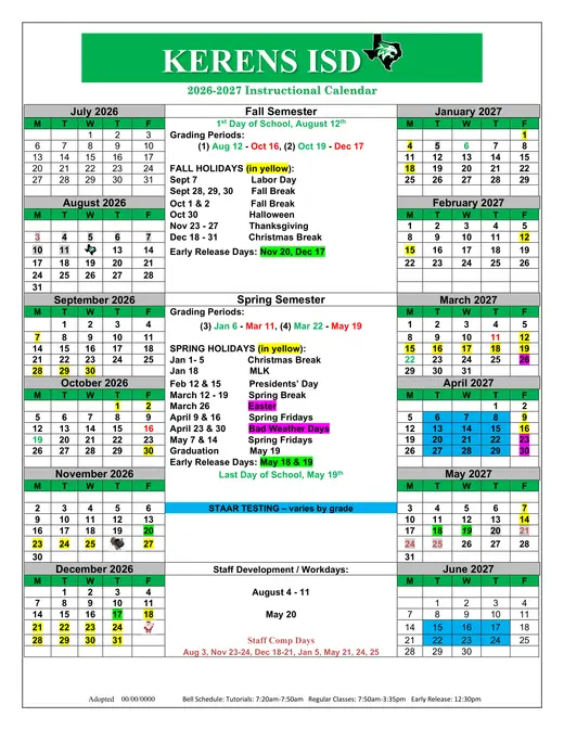 Kerens ISD 2026–2027 Academic Calendar Page 1