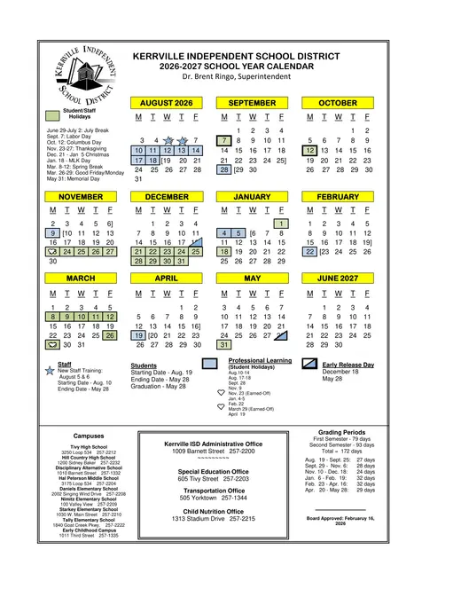 Kerrville Independent School District 2026–2027 Academic Calendar