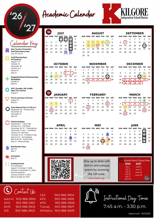 Kilgore Independent School District 2026–2027 Academic Calendar