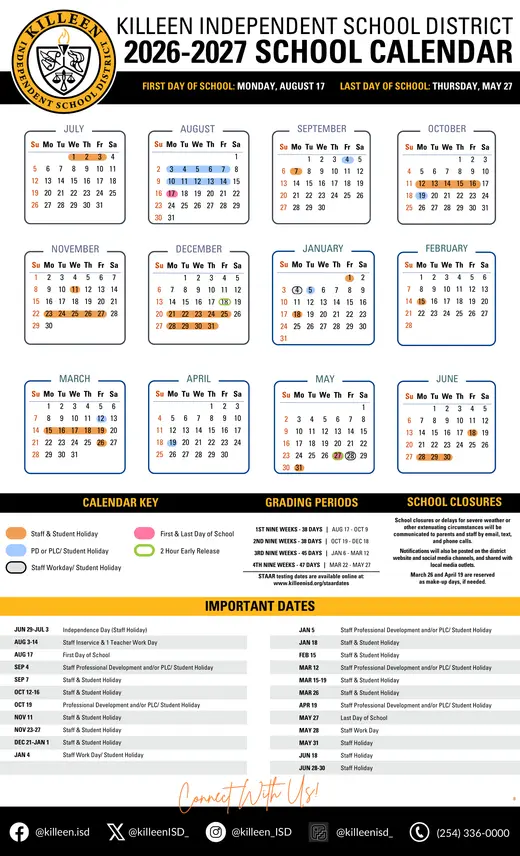 Killeen Independent School District 2026–2027 Academic Calendar Page 1