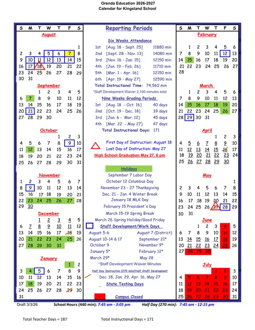 Kingsland School 2026–2027 Academic Calendar