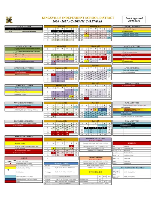 Kingsville Independent School District 2026–2027 Academic Calendar