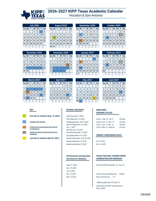 KIPP Texas Public Schools 2026–2027 Academic Calendar