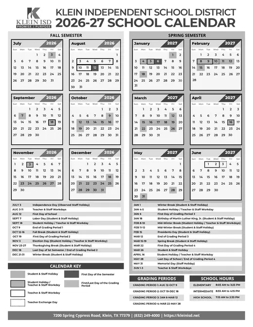 Klein Independent School District 2026–2027 Academic Calendar