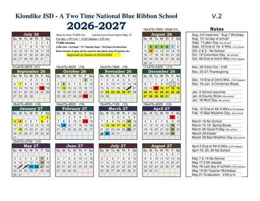 Klondike ISD 2026–2027 Academic Calendar Page 1