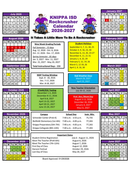 Knippa ISD 2026–2027 Academic Calendar Page 1