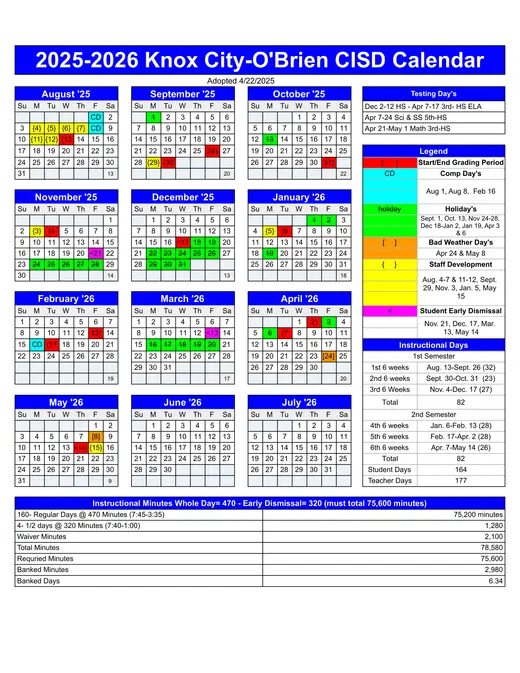 Knox City-O'brien CISD 2025–2026 Academic Calendar Page 1