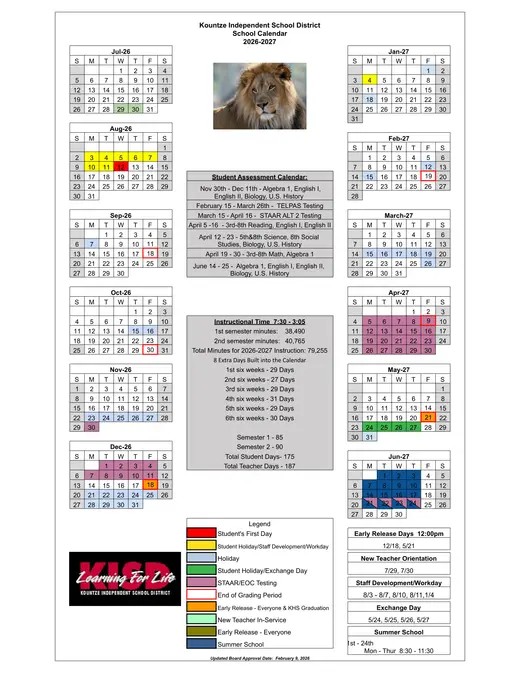 Kountze Independent School District 2026–2027 Academic Calendar