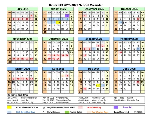 Krum ISD 2025–2026 Academic Calendar Page 1