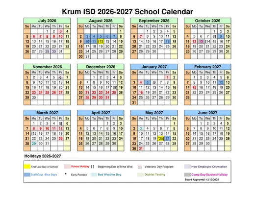 Krum ISD 2025–2026 Academic Calendar Page 2