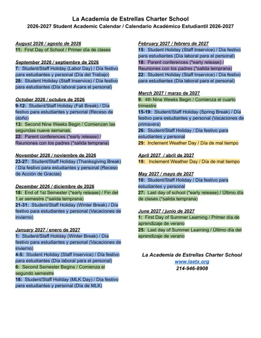 LA Academia de Estrellas 2026–2027 Academic Calendar Page 1