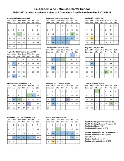 LA Academia de Estrellas 2026–2027 Academic Calendar Page 2