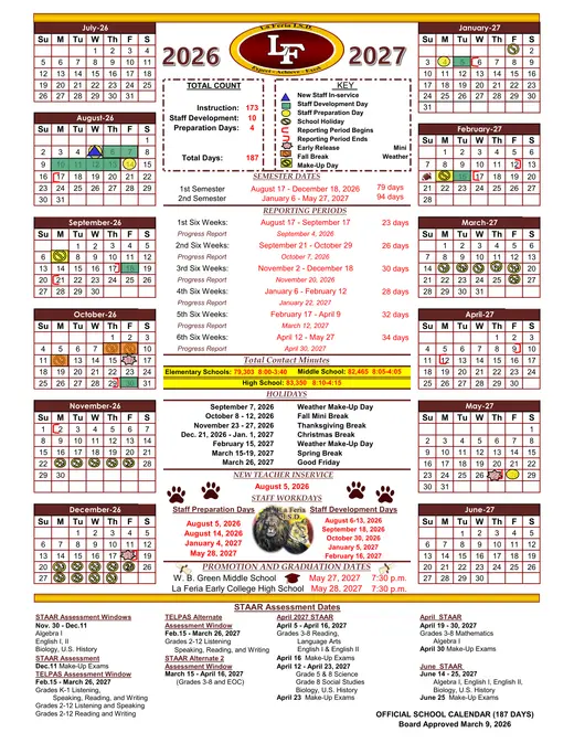 LA Feria ISD 2026–2027 Academic Calendar Page 1