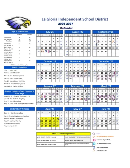 LA Gloria ISD 2026–2027 Academic Calendar Page 1