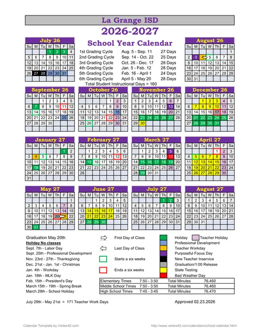 La Grange ISD 2026–2027 Academic Calendar Page 1
